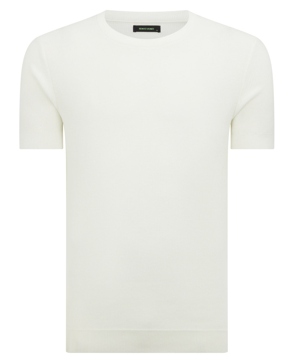 Man wearing a white Slim Fit Wafffle Knitted Tee