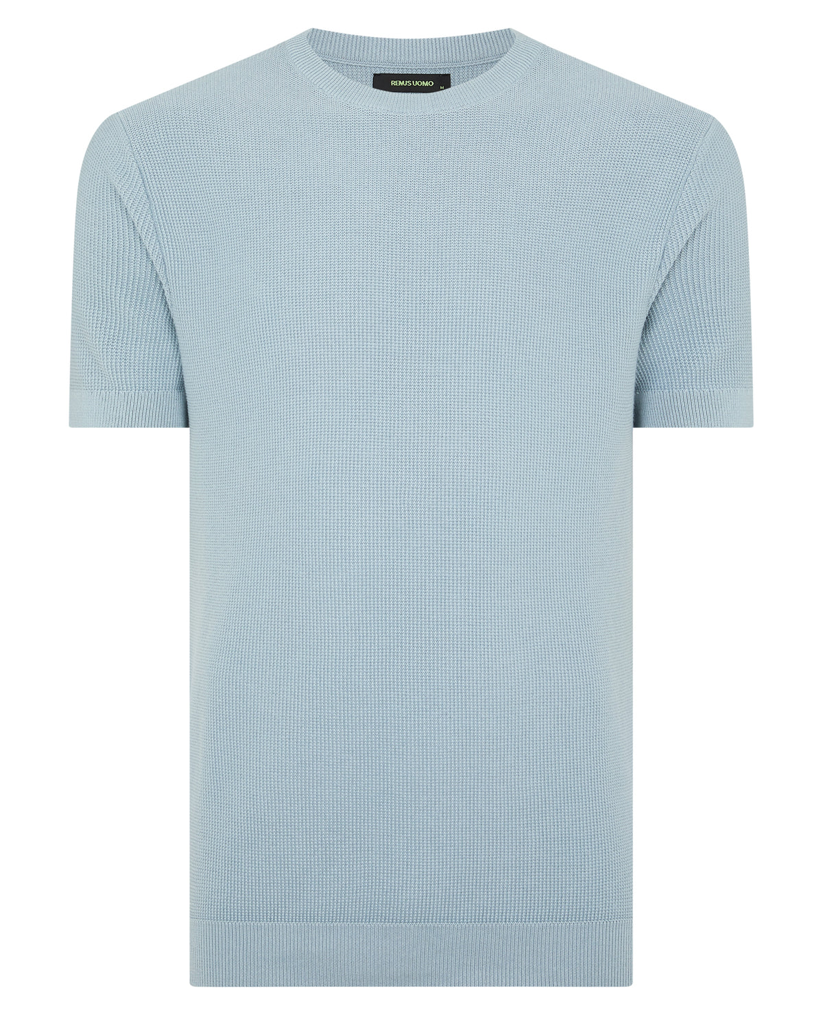 Man wearing a blue Slim Fit Wafffle Knitted Tee