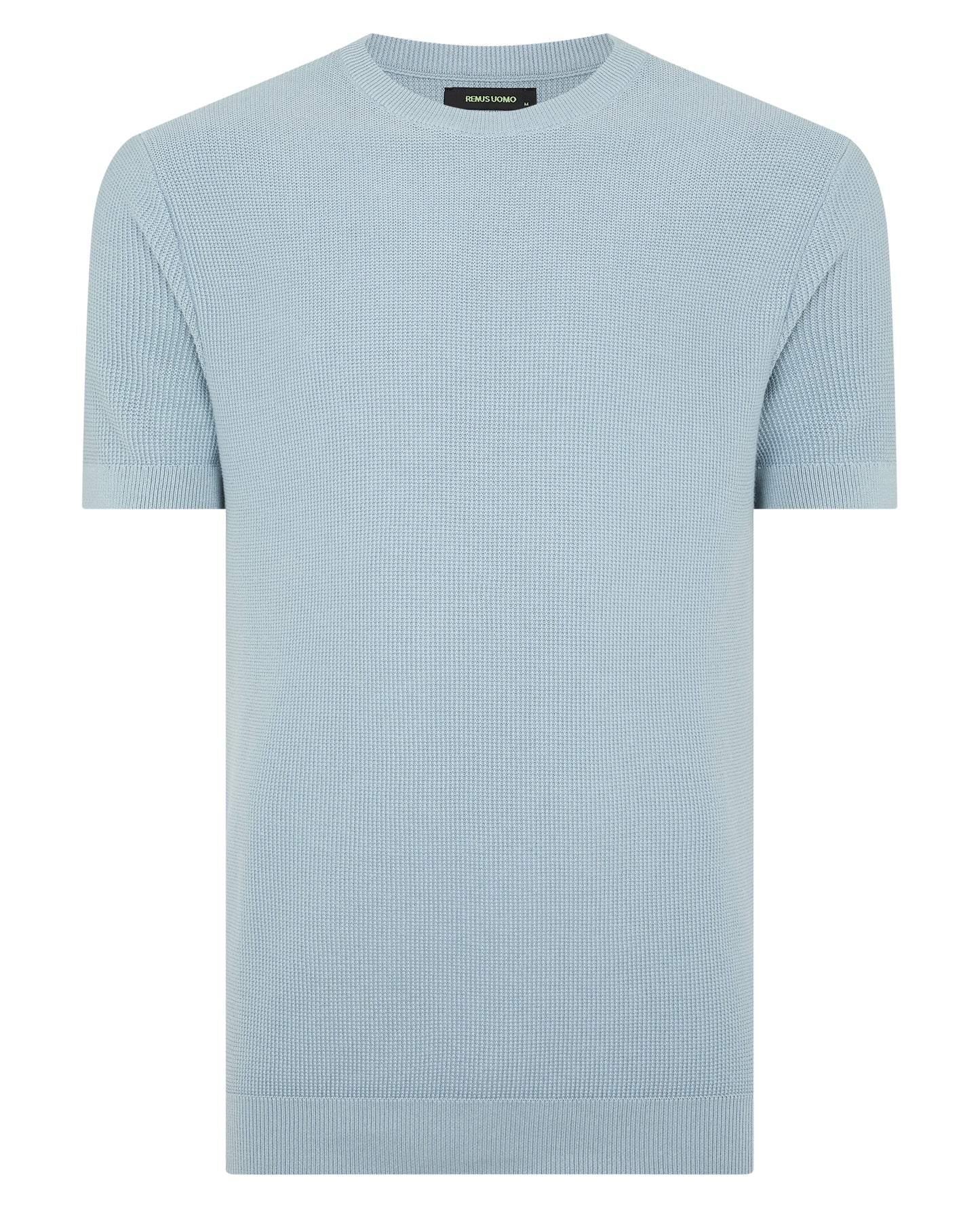 Man wearing a blue Slim Fit Wafffle Knitted Tee