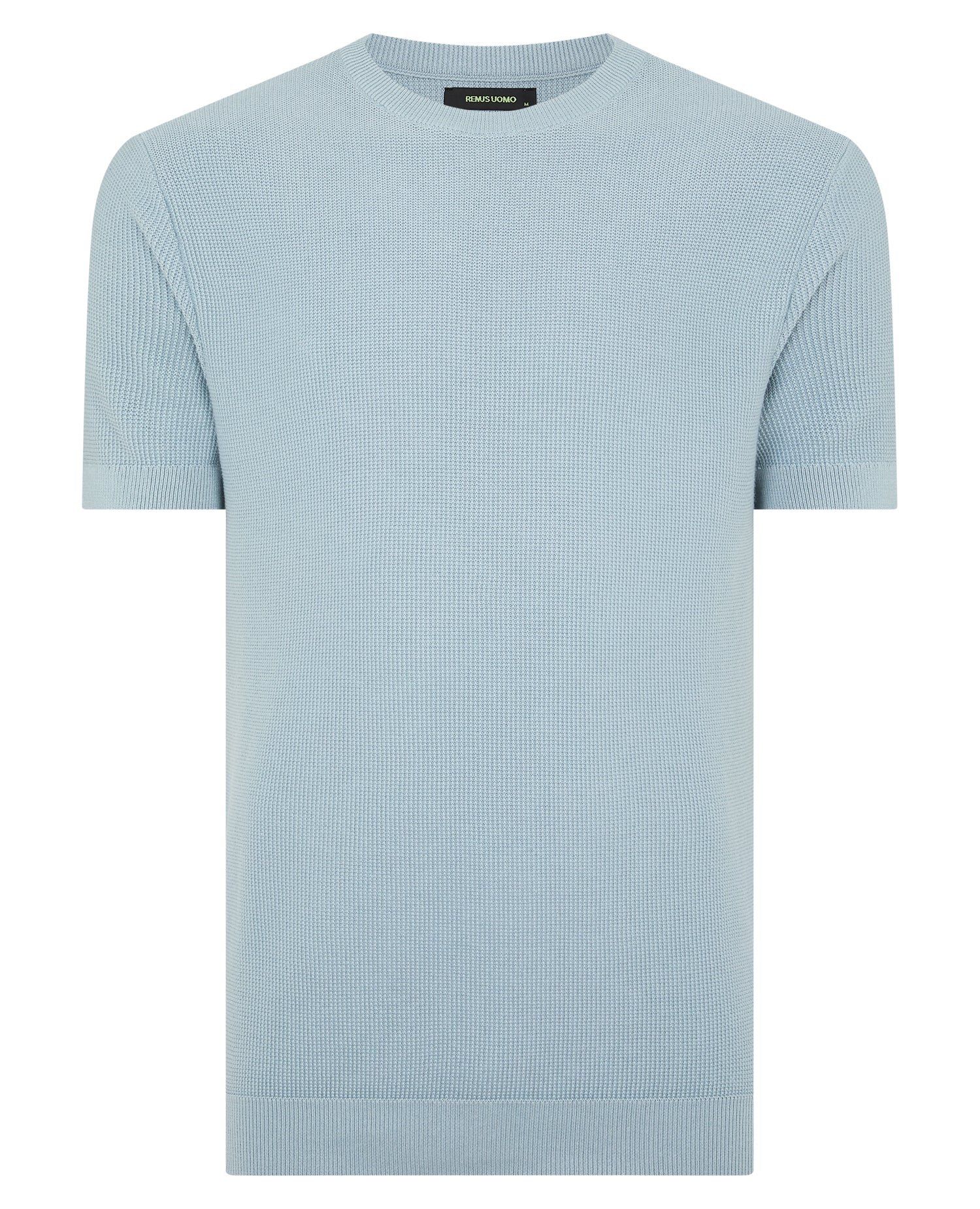 Man wearing a blue Slim Fit Wafffle Knitted Tee