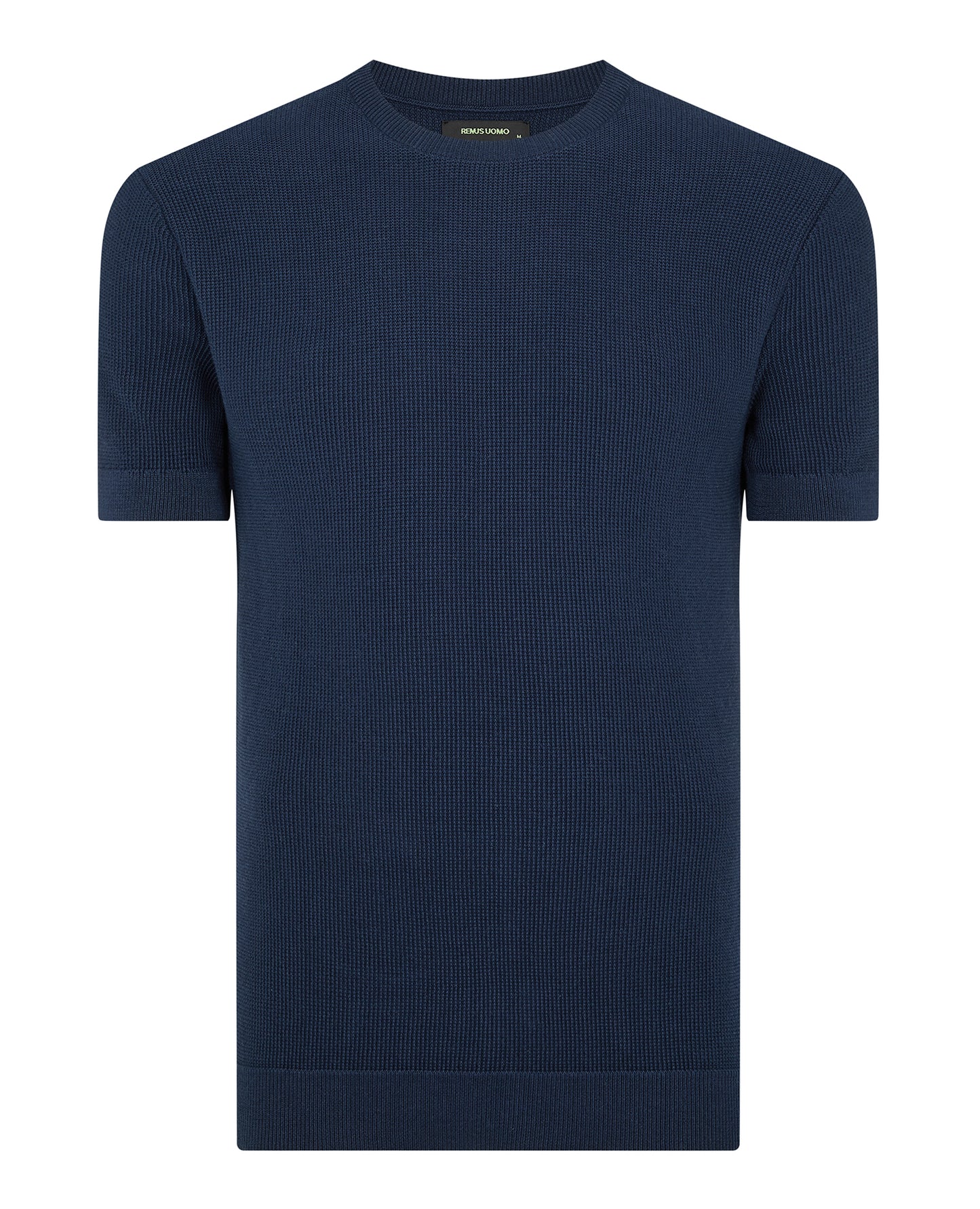 Man wearing a navy Slim Fit Wafffle Knitted Tee