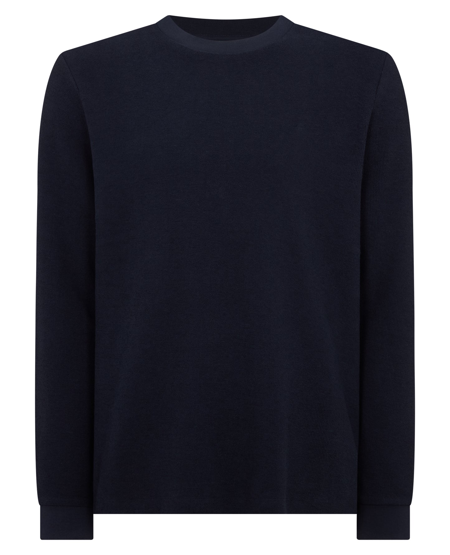 Man wearing a navy Tapered Fit Cotton Micro Waffle Sweatshirt