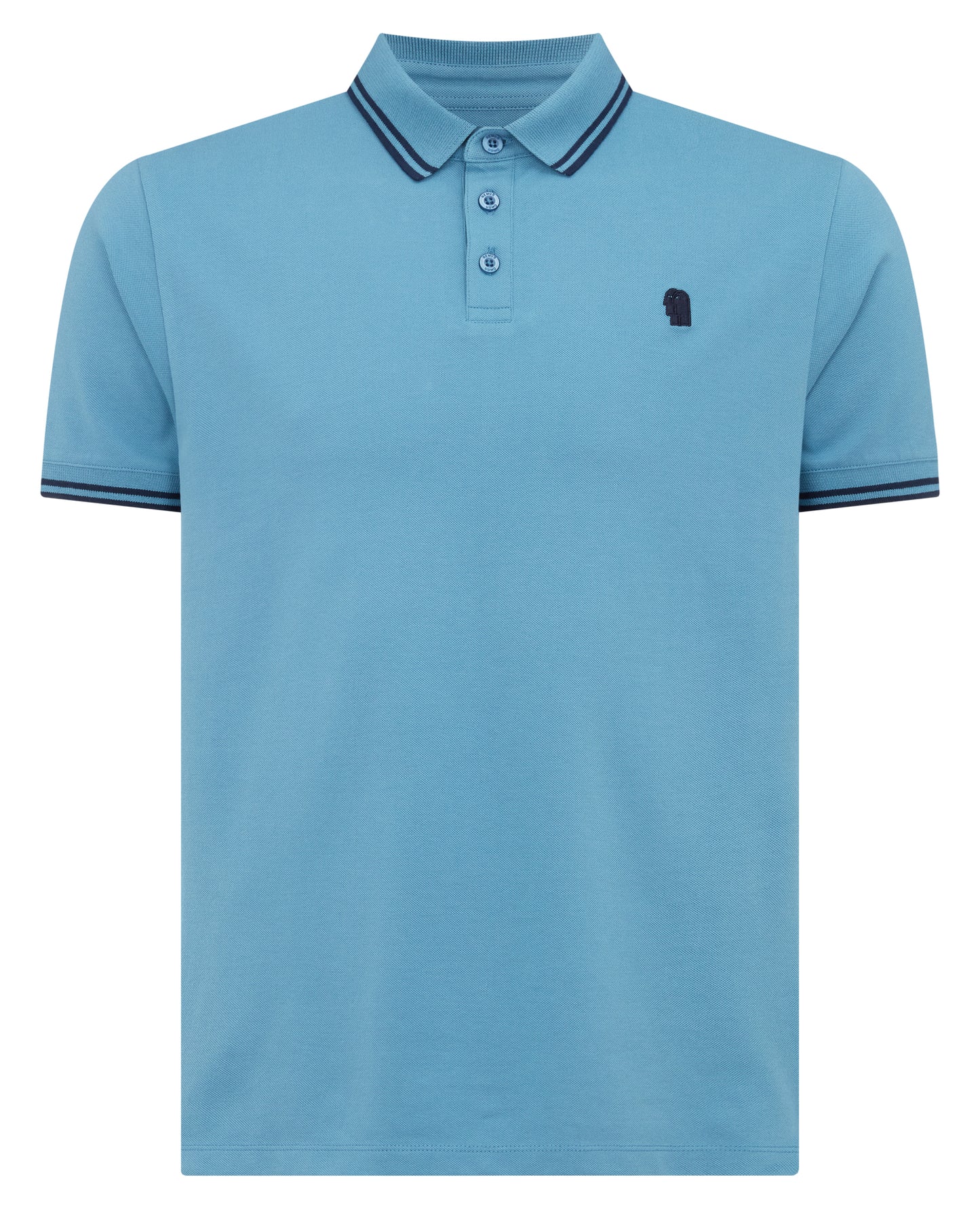 Man wearing a blue Tapered Fit Cotton-Stretch Polo Shirt