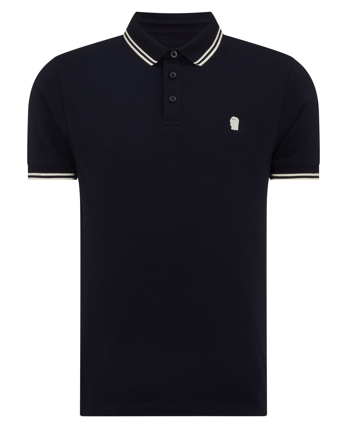 Man wearing a navy Tapered Fit Cotton-Stretch Polo Shirt