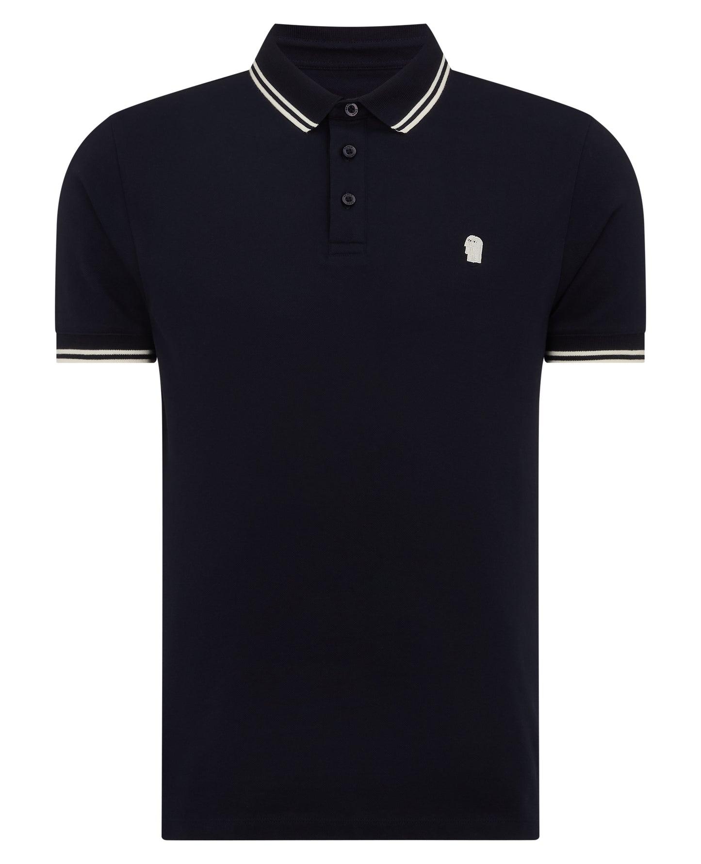 Man wearing a navy Tapered Fit Cotton-Stretch Polo Shirt