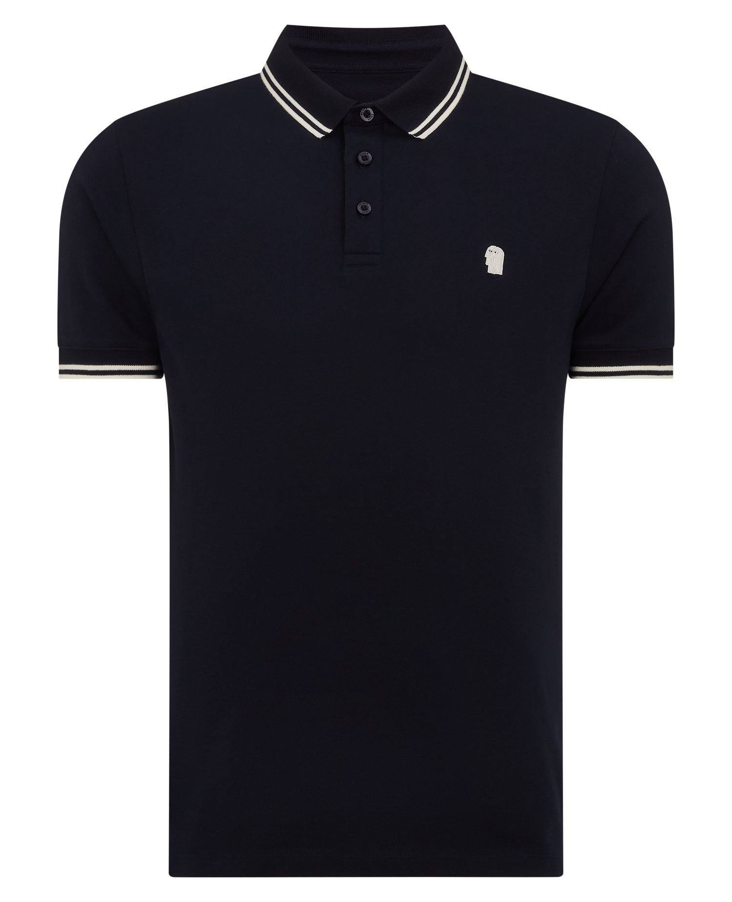 Man wearing a navy Tapered Fit Cotton-Stretch Polo Shirt