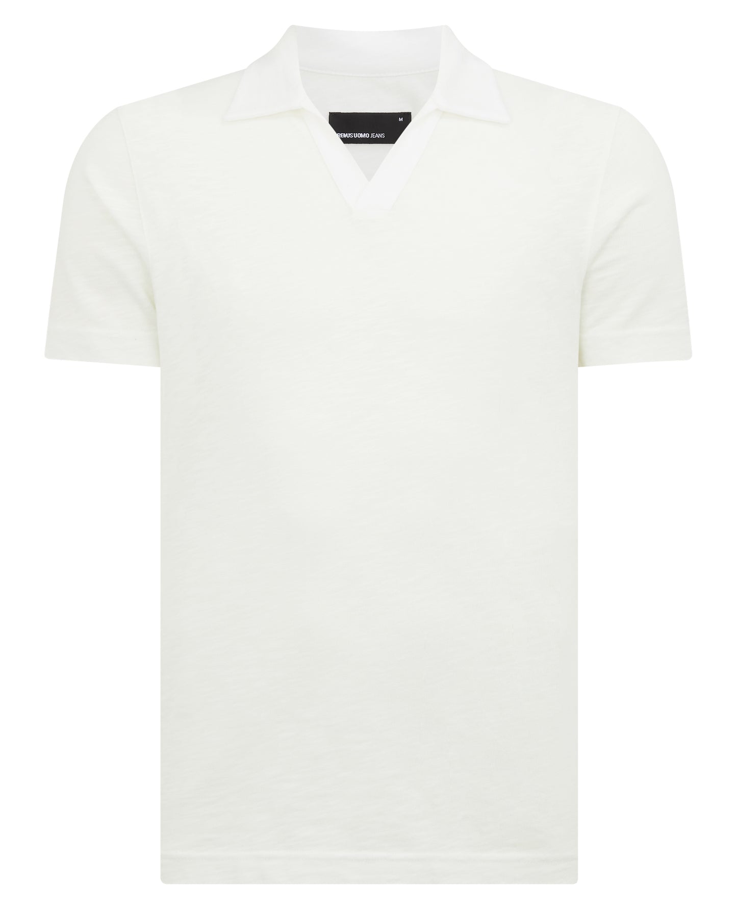 Man wearing a white Tapered Fit Open Collar Cotton Polo