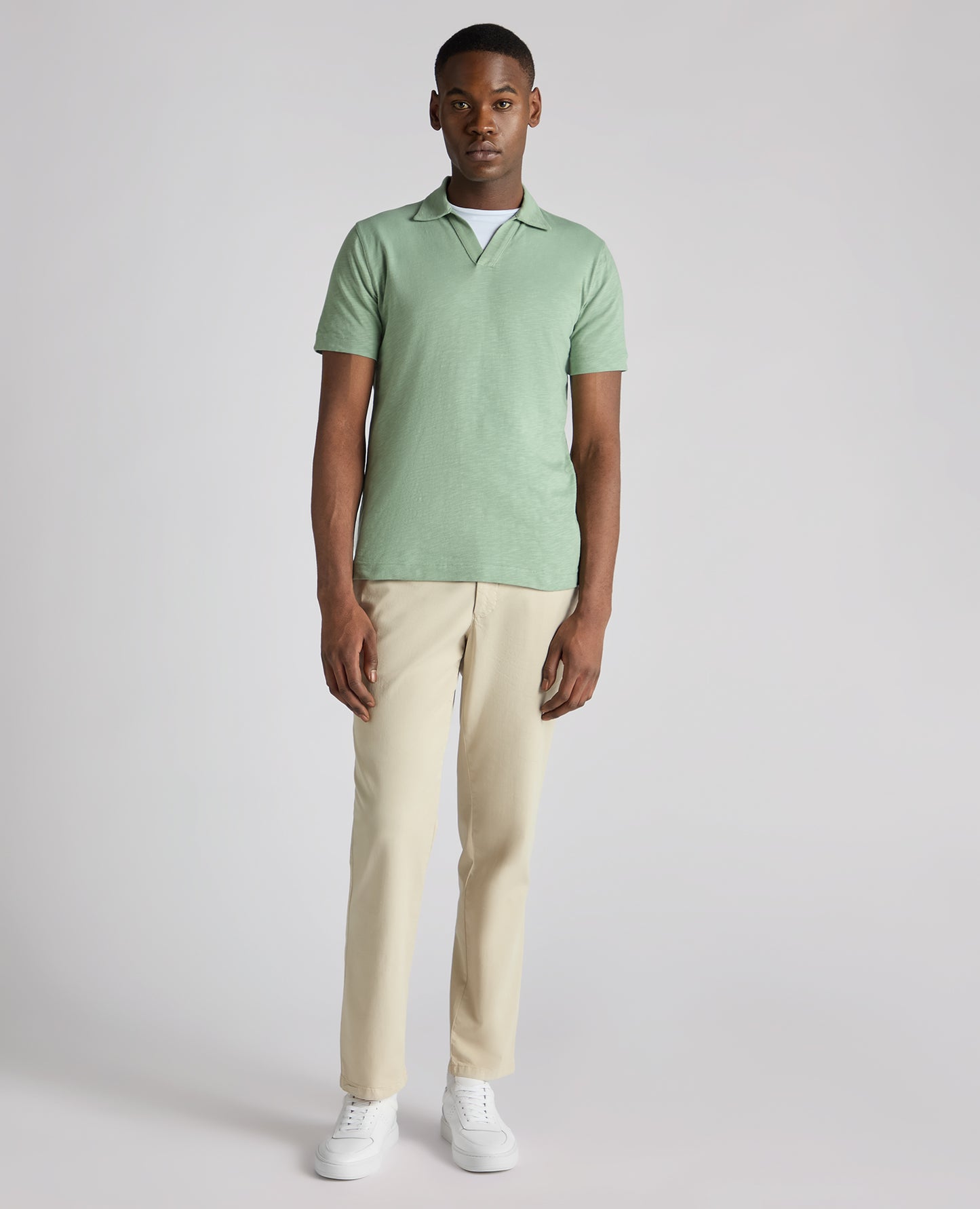 Tapered Fit Open Collar Cotton Polo