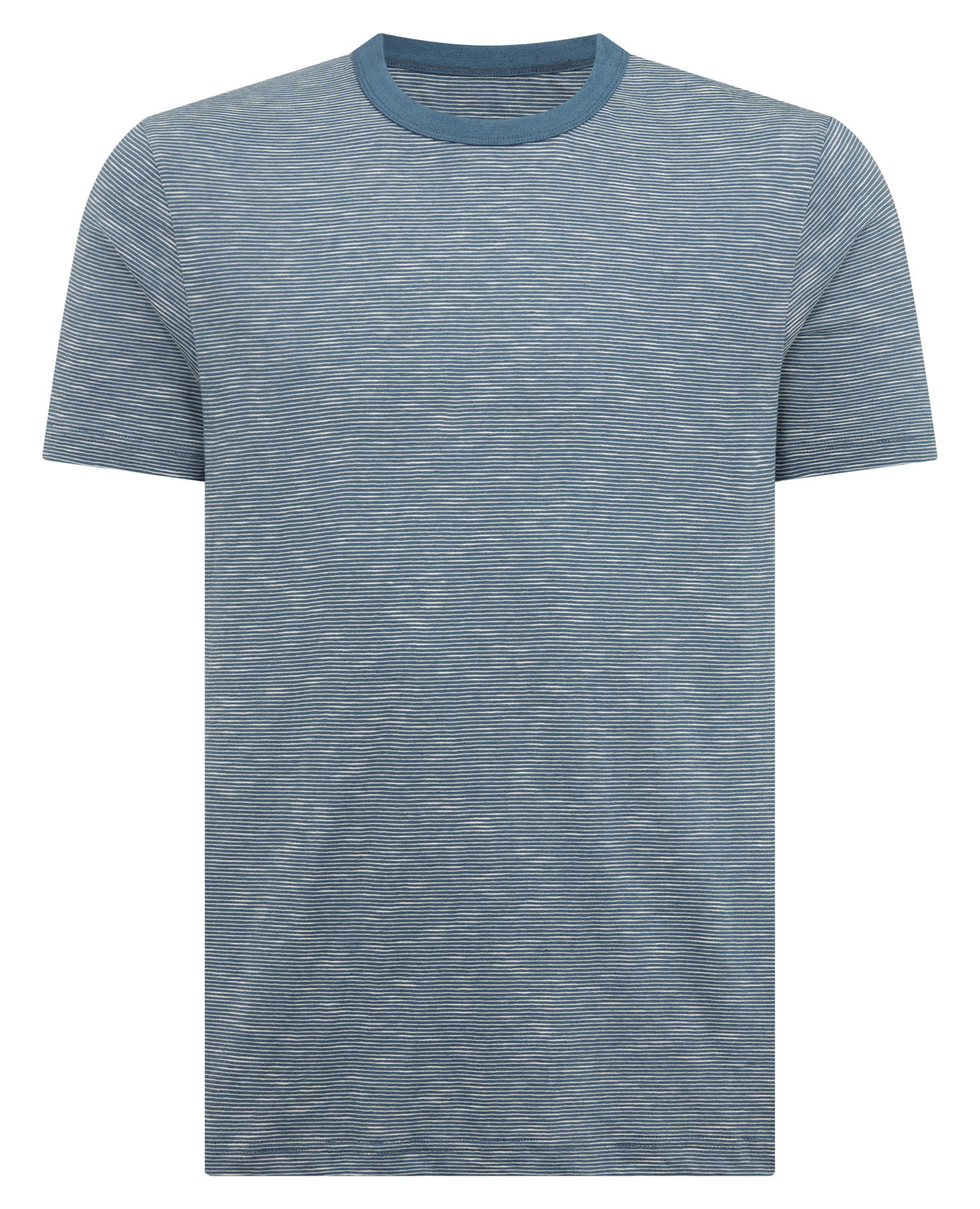 Man wearing a blue Tapered Fit Cotton-Linen T-Shirt
