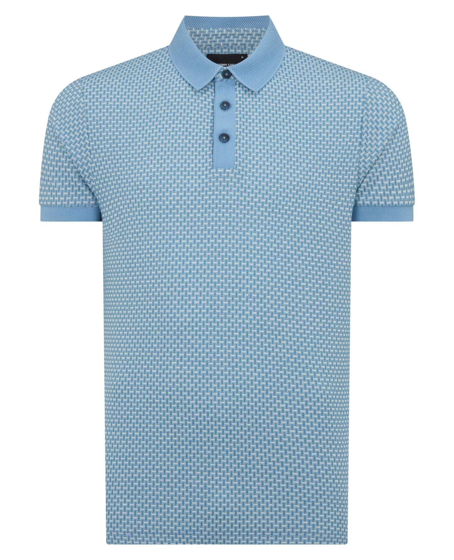 Man wearing a blue Tapered Fit Basket Weave Polo Shirt