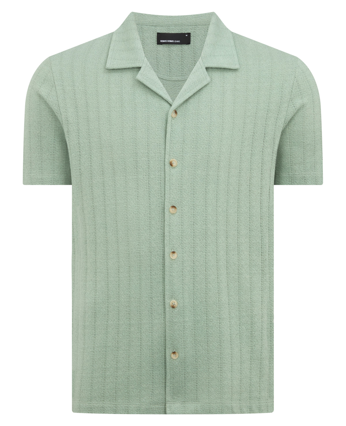 Man wearing a green Relaxed Fit Cotton-Linen Cuban Collar Shirt