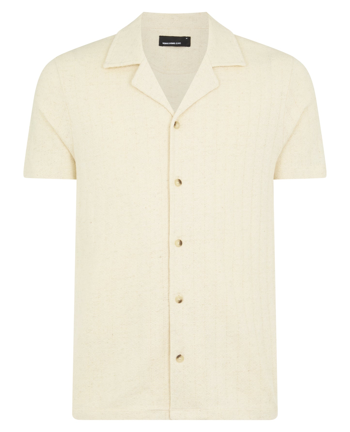 Man wearing a sand Relaxed Fit Cotton-Linen Cuban Collar Shirt
