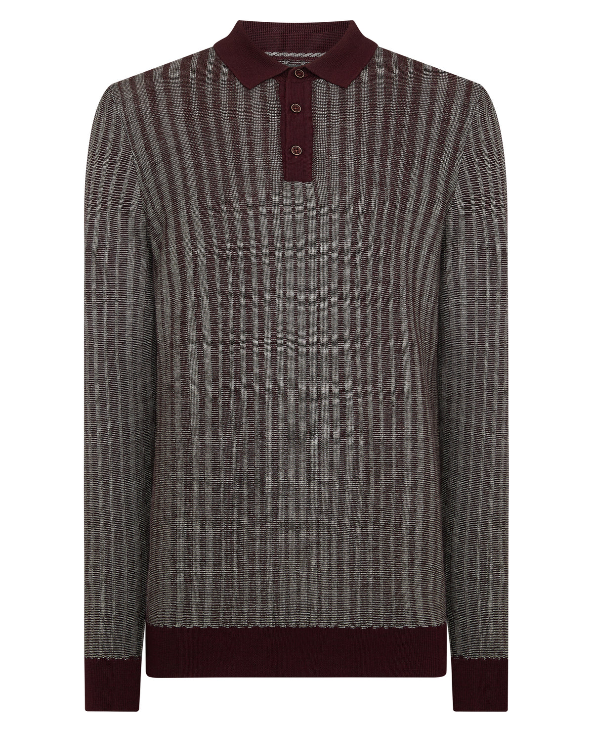 Man wearing a red Plaited Stripe Wool-Blend Knit Polo