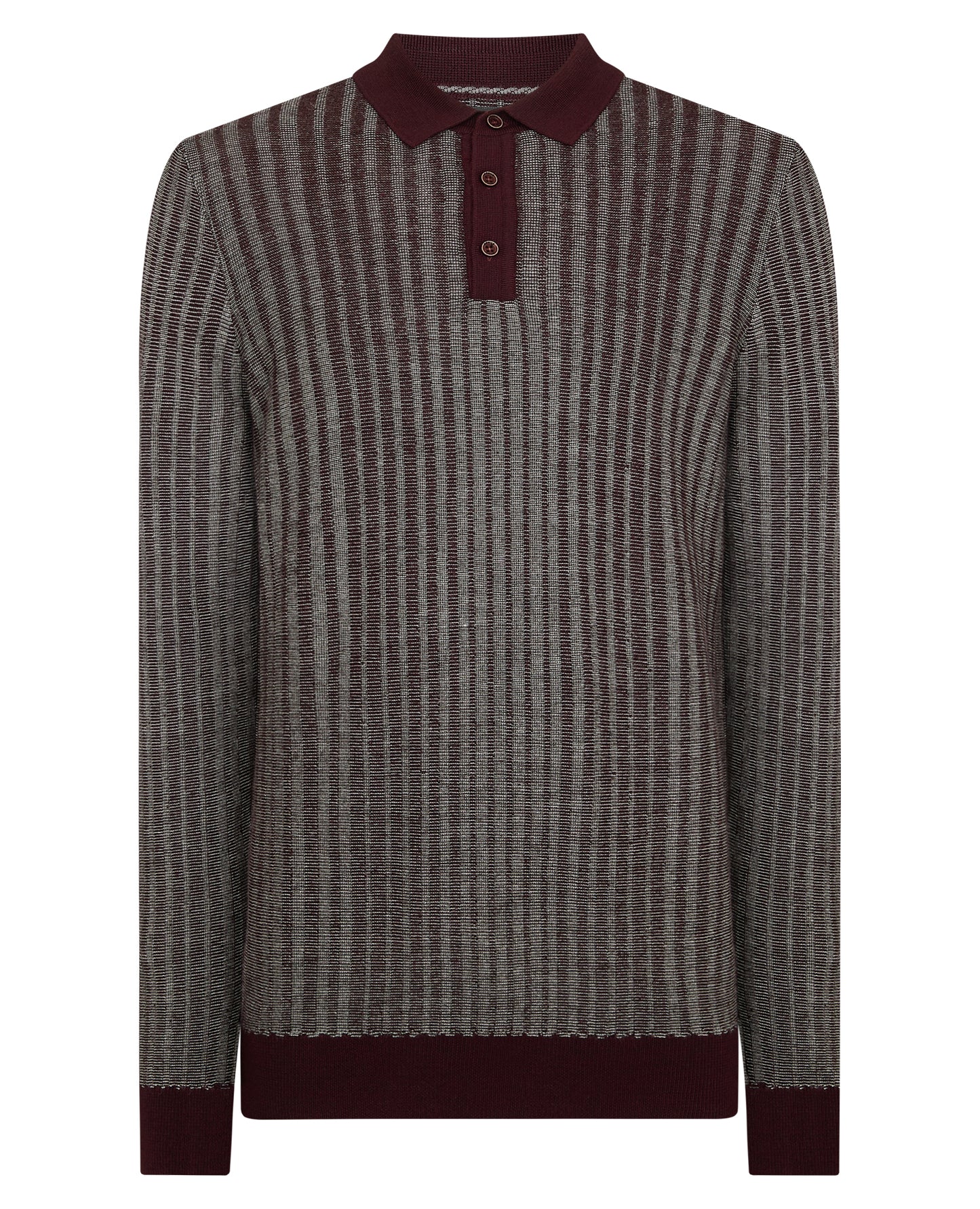 Man wearing a red Plaited Stripe Wool-Blend Knit Polo