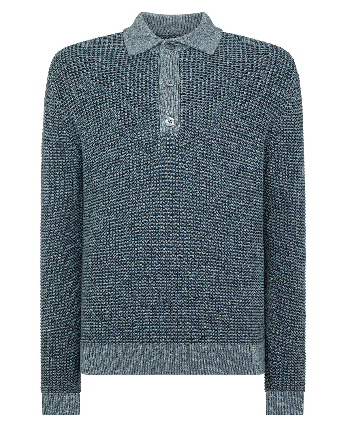 Man wearing a blue Cotton Knit Polo Sweater