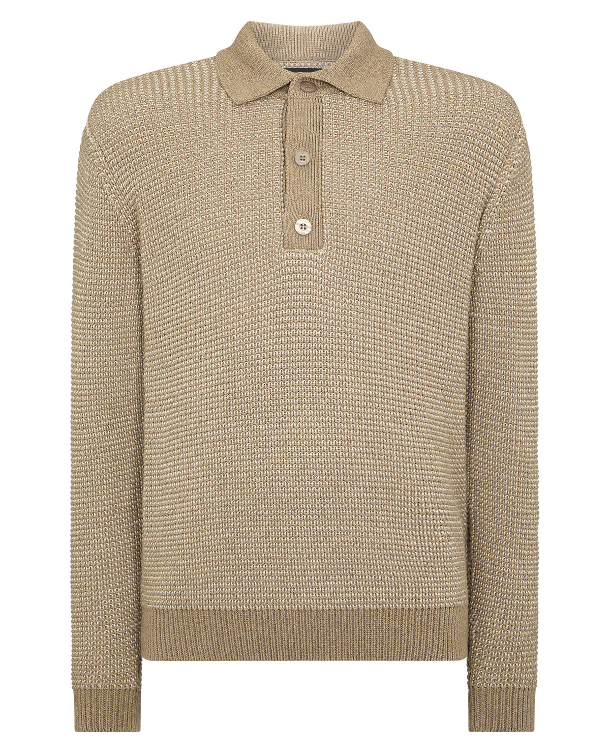 Man wearing a sand Cotton Knit Polo Sweater