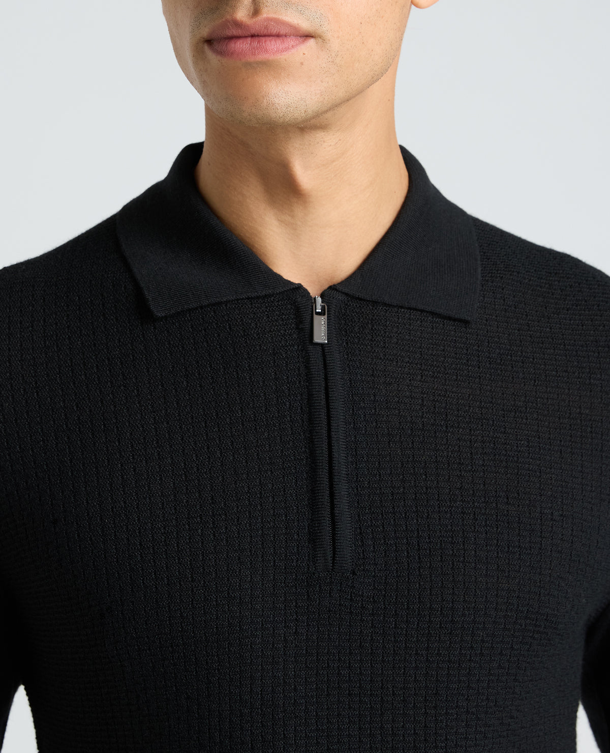 Black Textured Wool Blend Zip Polo