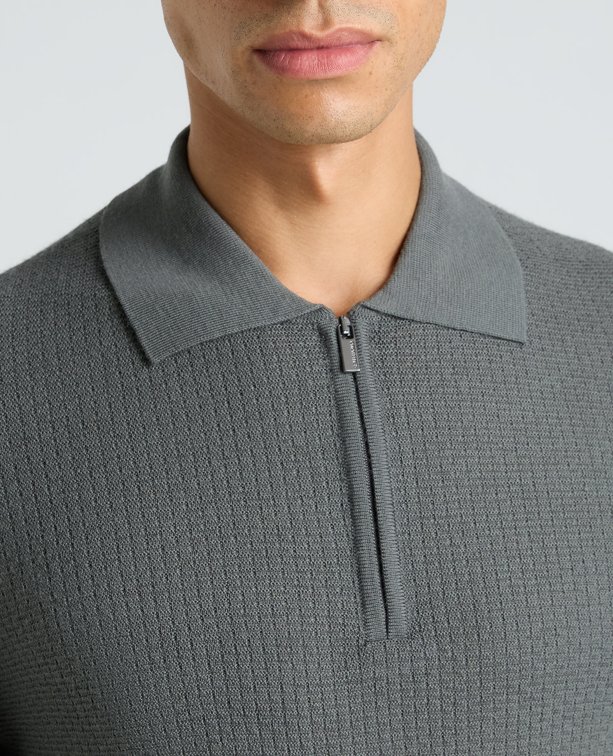 Grey Textured Wool Blend Zip Polo