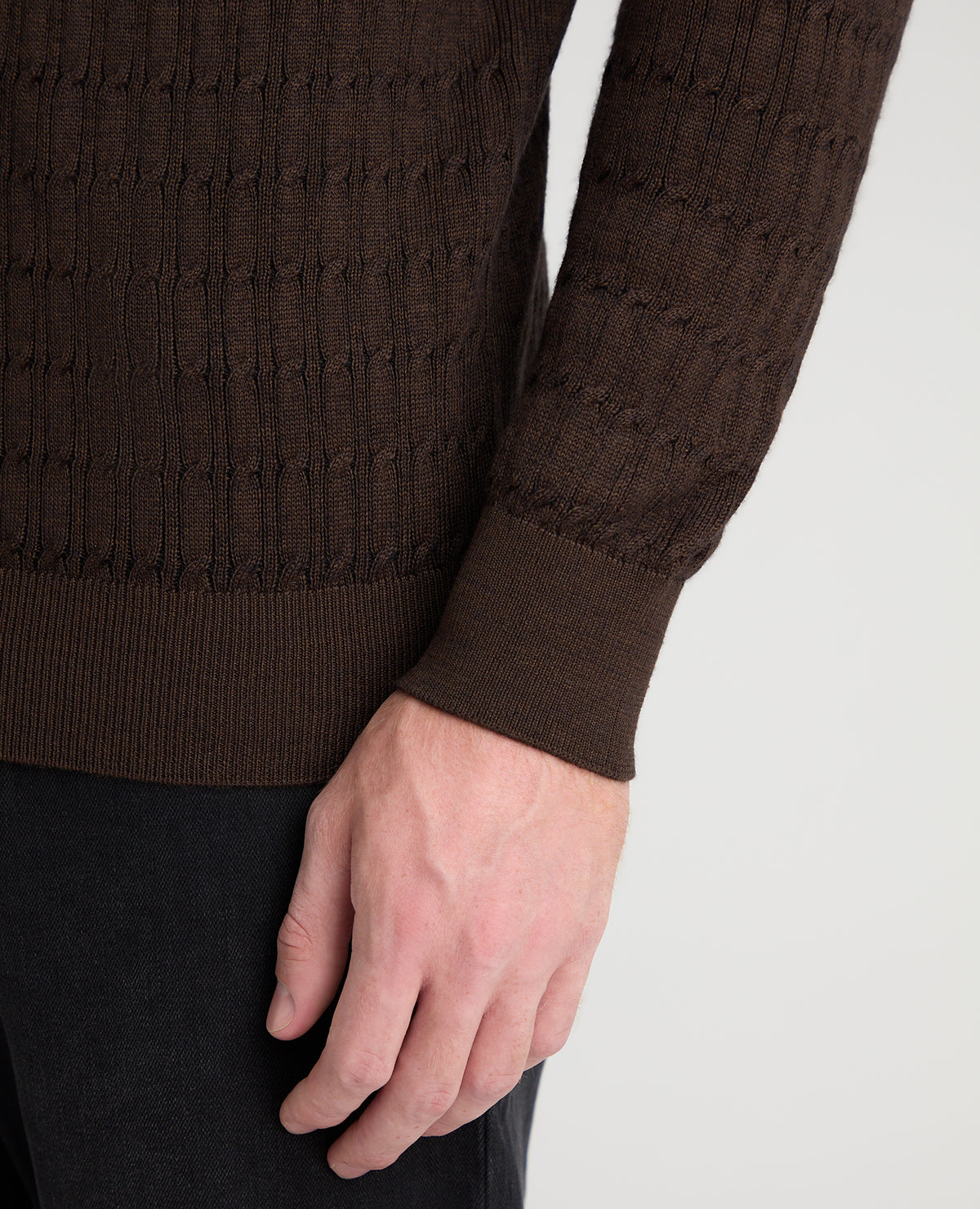 Dark Brown Cable Knit Wool Blend Polo