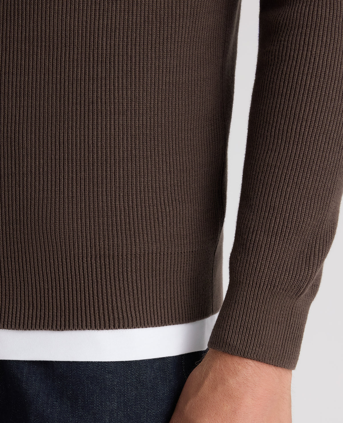 Brown Ribbed Cotton Half Zip Jumper