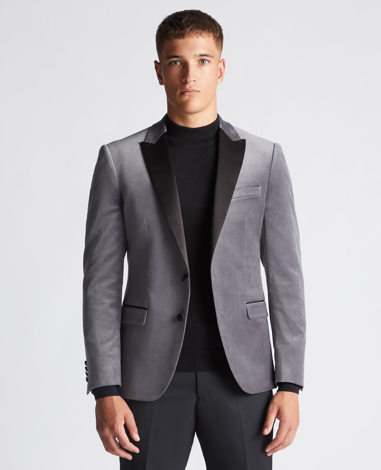 Man wearing a grey Slim Fit Velvet Jacket