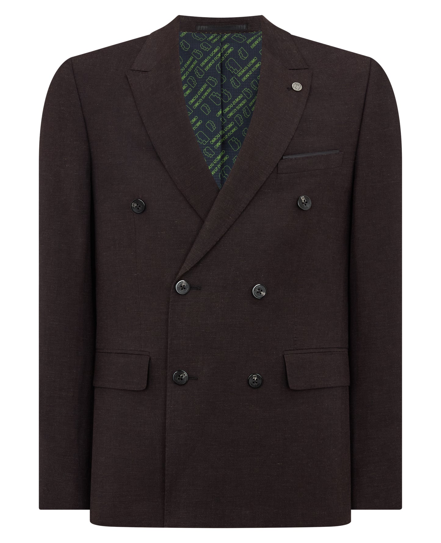 Man wearing a black Slim Fit Double-Breasted Linen-Blend Suit Jacket