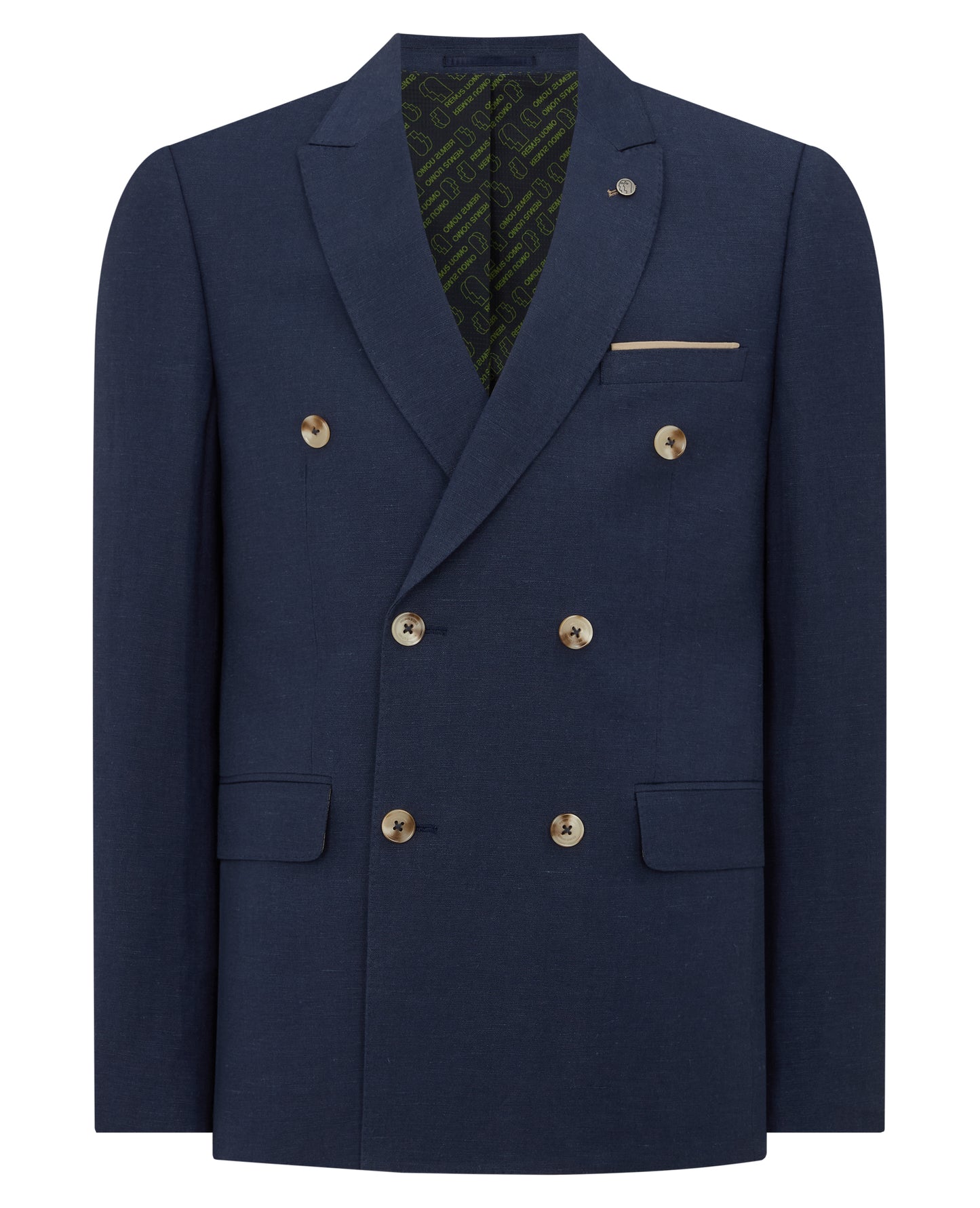 Man wearing a blue Slim Fit Linen-Blend Double Breasted Suit