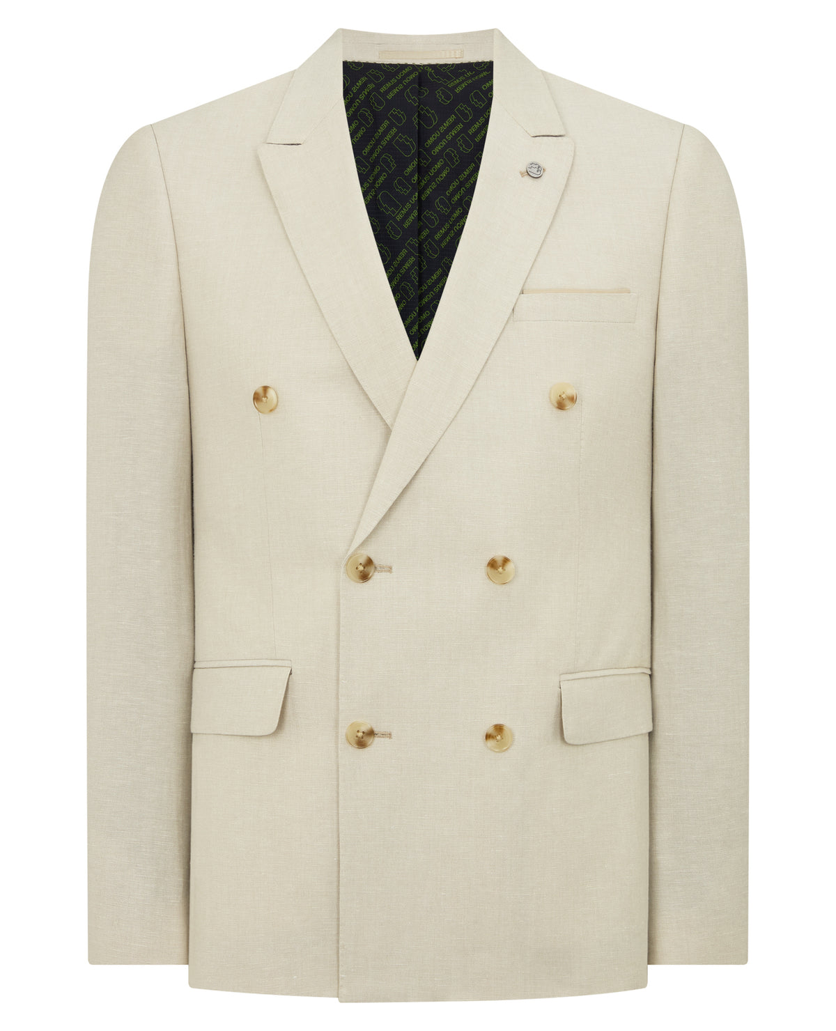 Man wearing a sand Slim Fit Linen-Blend Double Breasted Suit