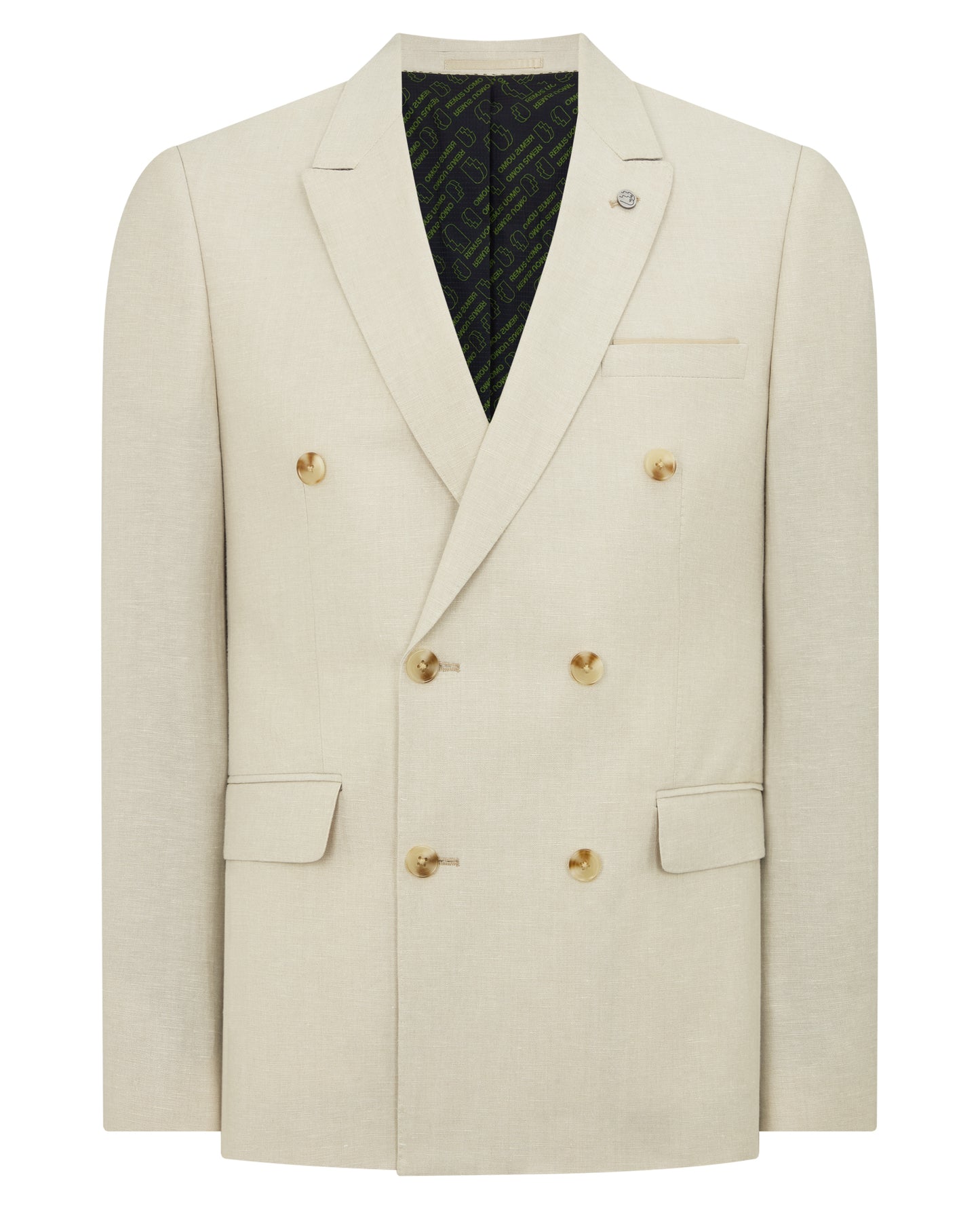 Man wearing a sand Slim Fit Linen-Blend Double Breasted Suit