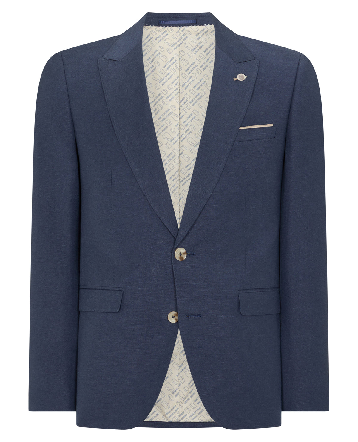 Man wearing a blue Slim Fit Linen-Blend Suit
