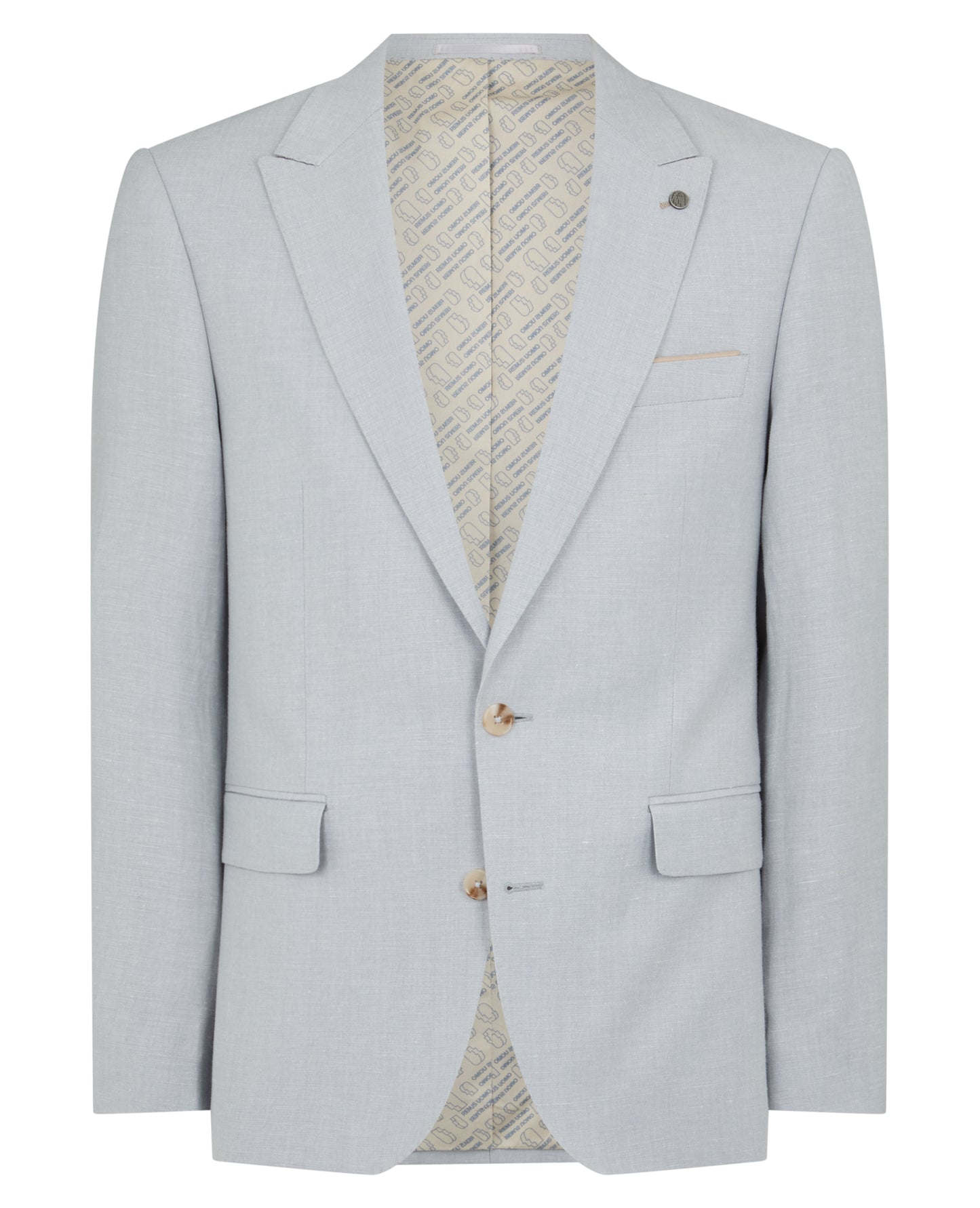 Man wearing a blue Tapered Fit Linen-Blend Suit Jacket