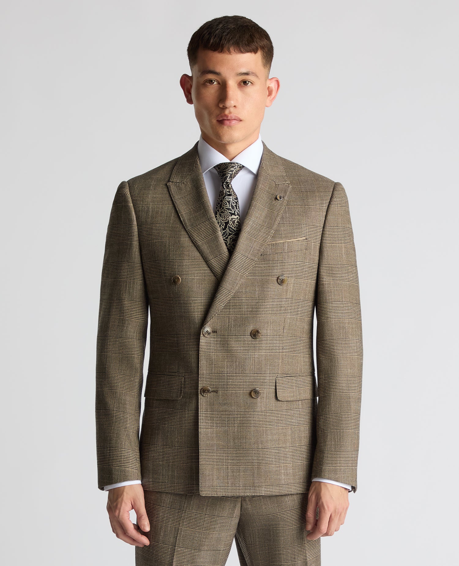 Man wearing a sand Slim Fit Double Breasted Suit Jacket