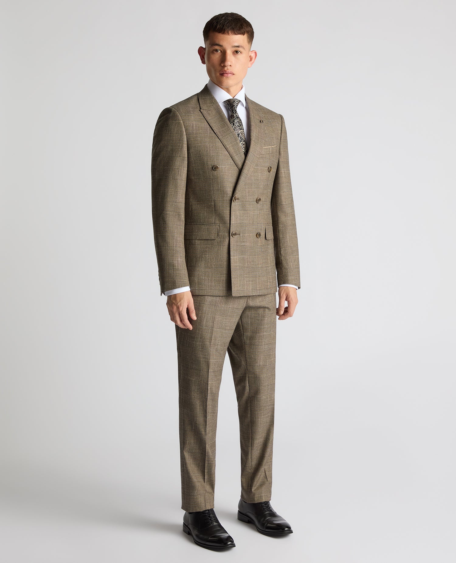 Man wearing a sand Slim Fit Double Breasted Suit Jacket