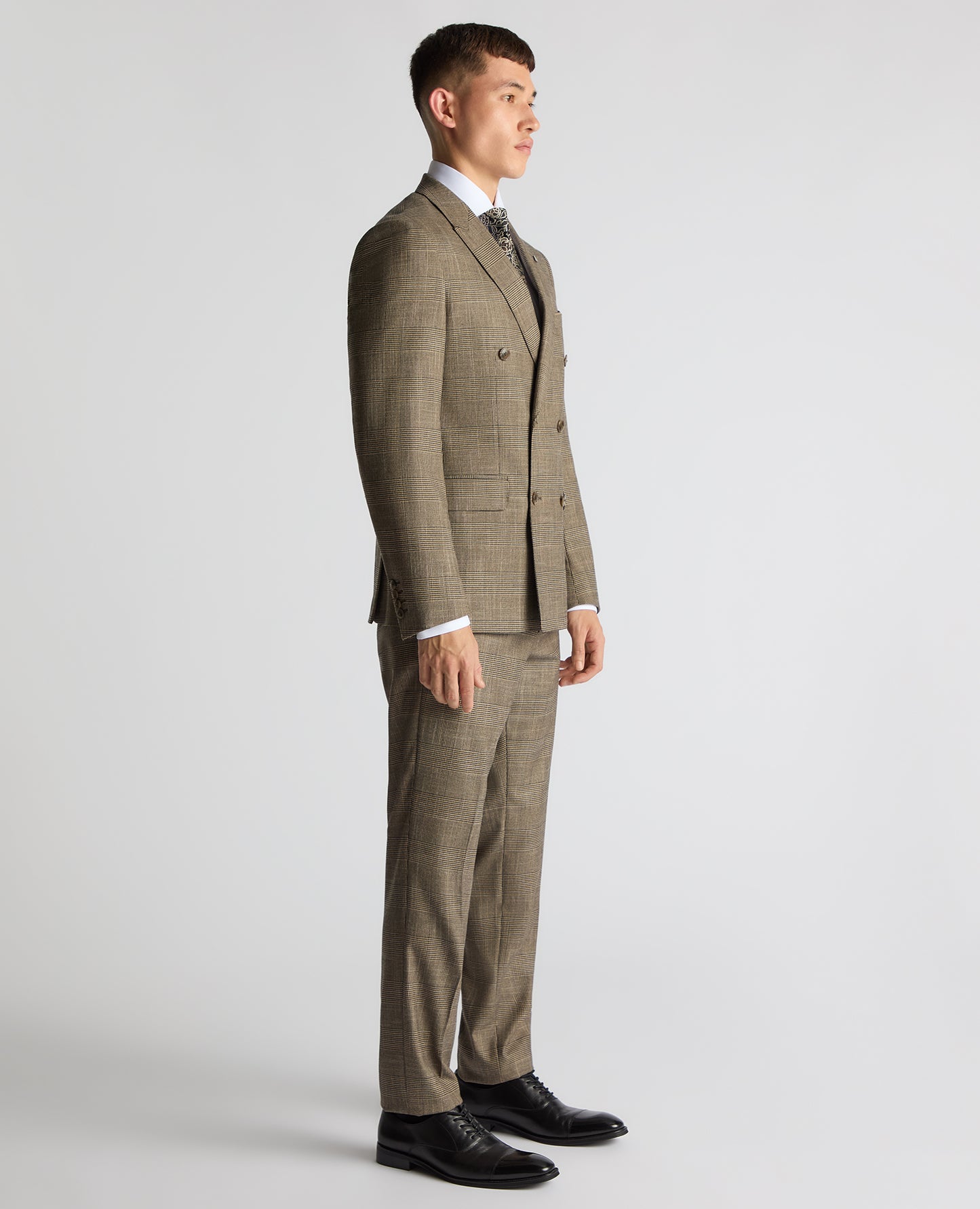 Man wearing a sand Slim Fit Double Breasted Suit Jacket