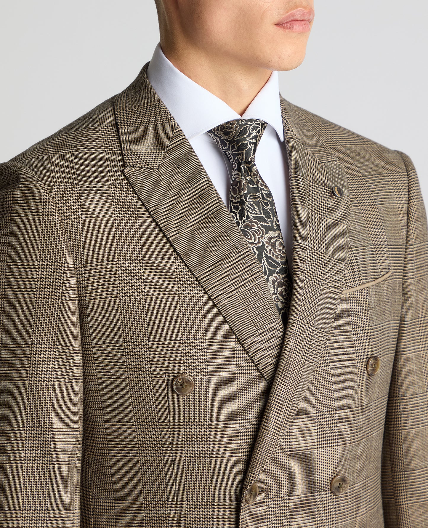 Man wearing a sand Slim Fit Double Breasted Suit Jacket