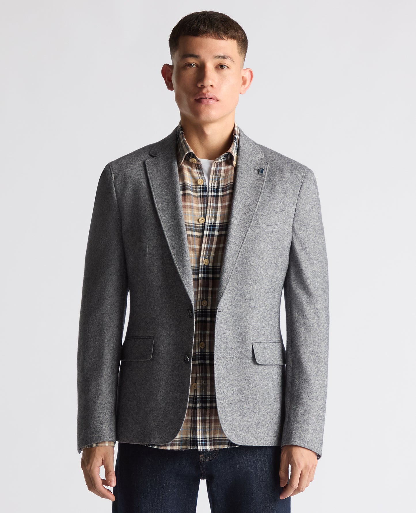 Man wearing a grey Slim Fit Wool Blend Jacket