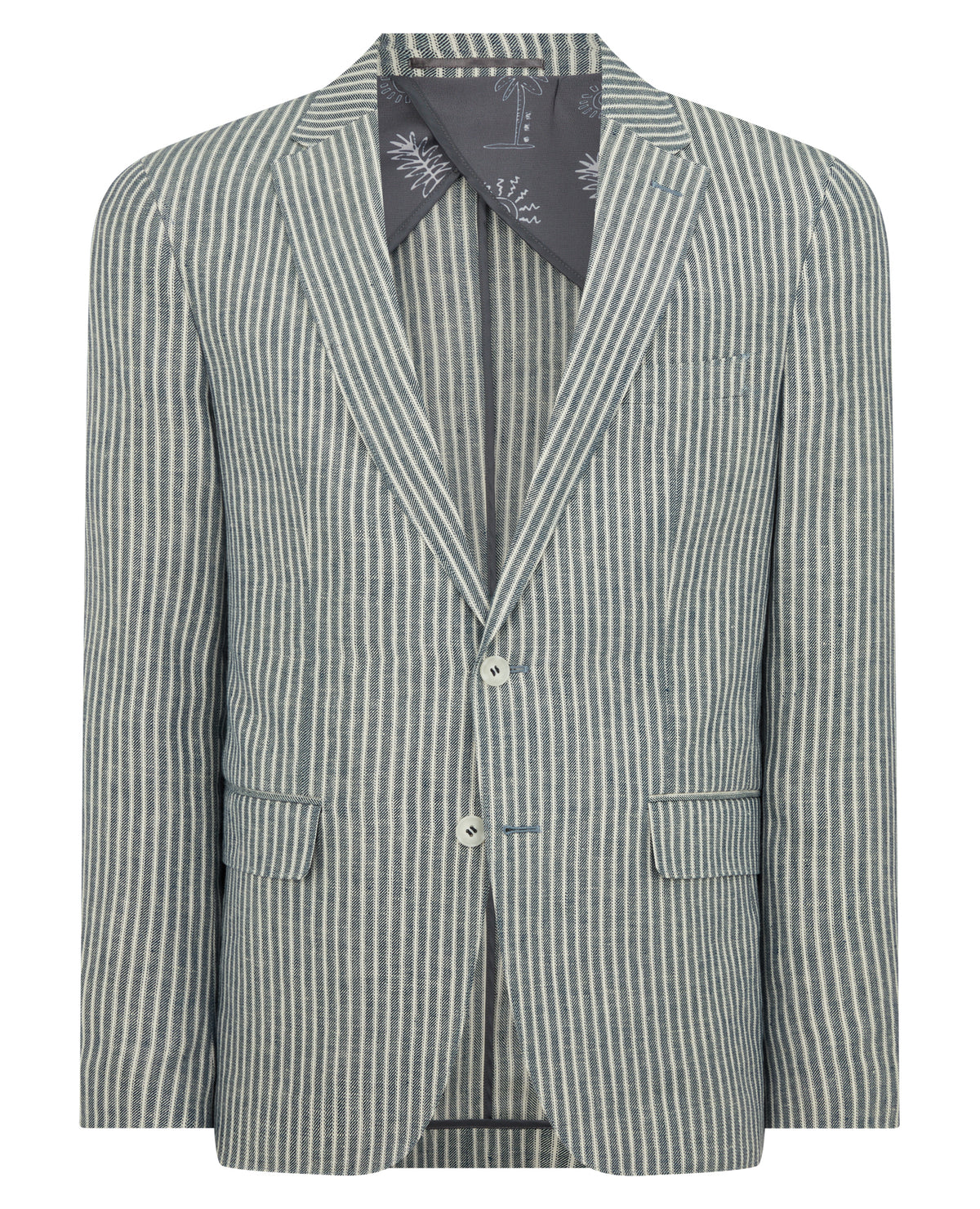 Man wearing a navy Slim Fit Linen-Blend Pinstripe Jacket