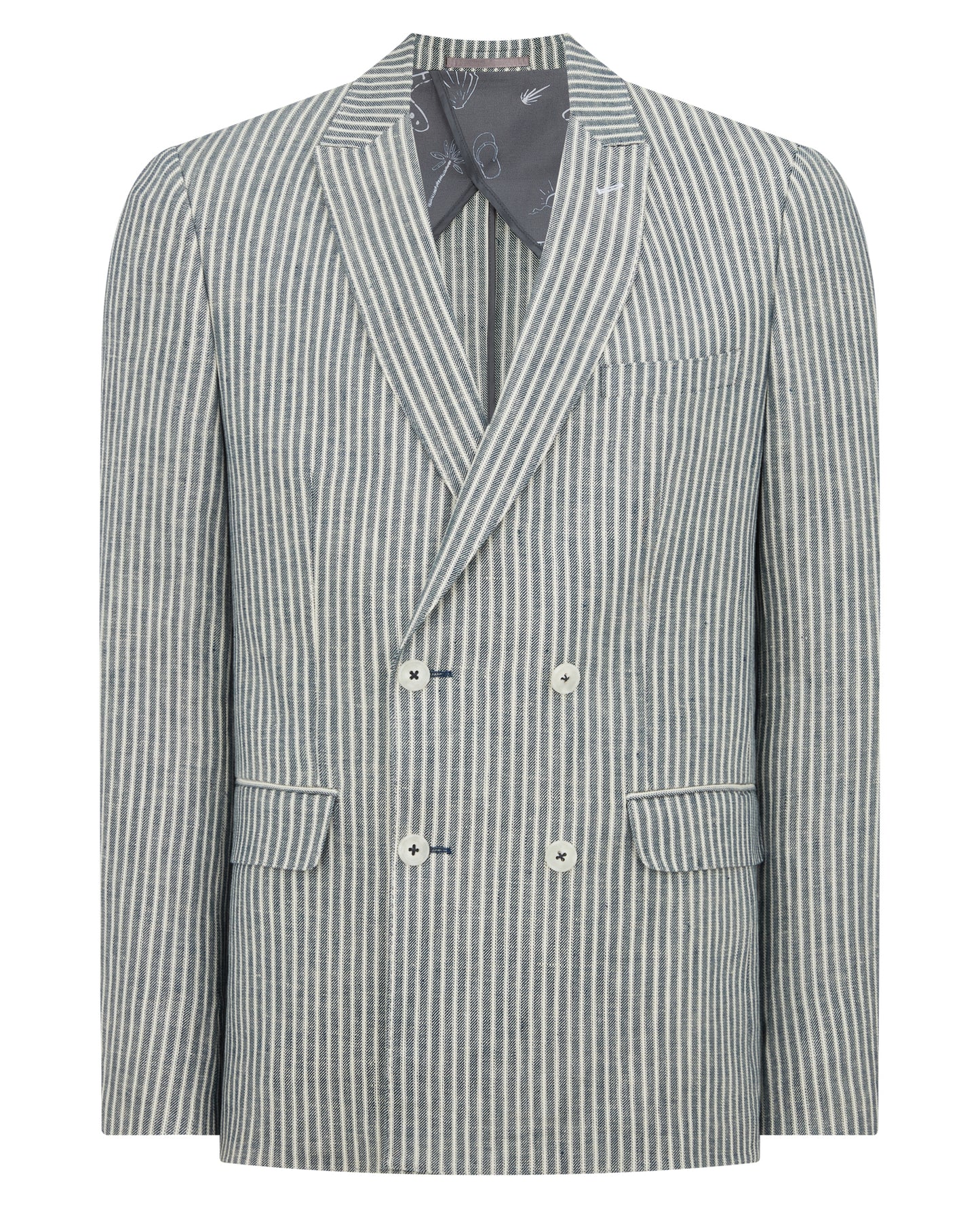 Man wearing a navy Slim Fit Linen-Blend Double-Breasted Pinstripe Jacket