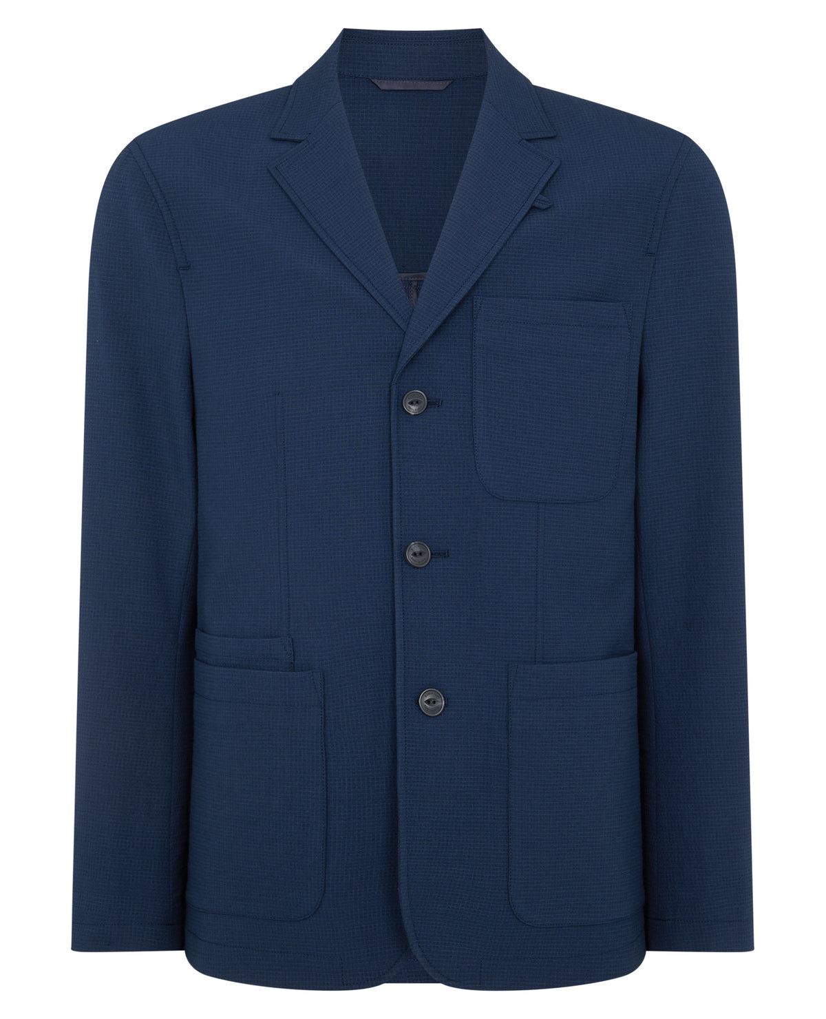 Man wearing a blue Slim Fit Seersucker De-Constructed Jacket