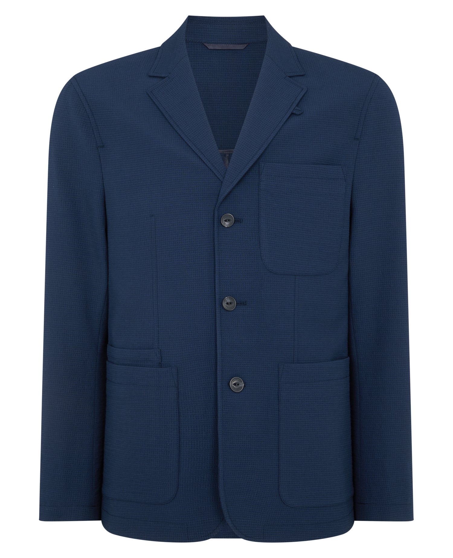 Man wearing a blue Slim Fit Seersucker De-Constructed Jacket