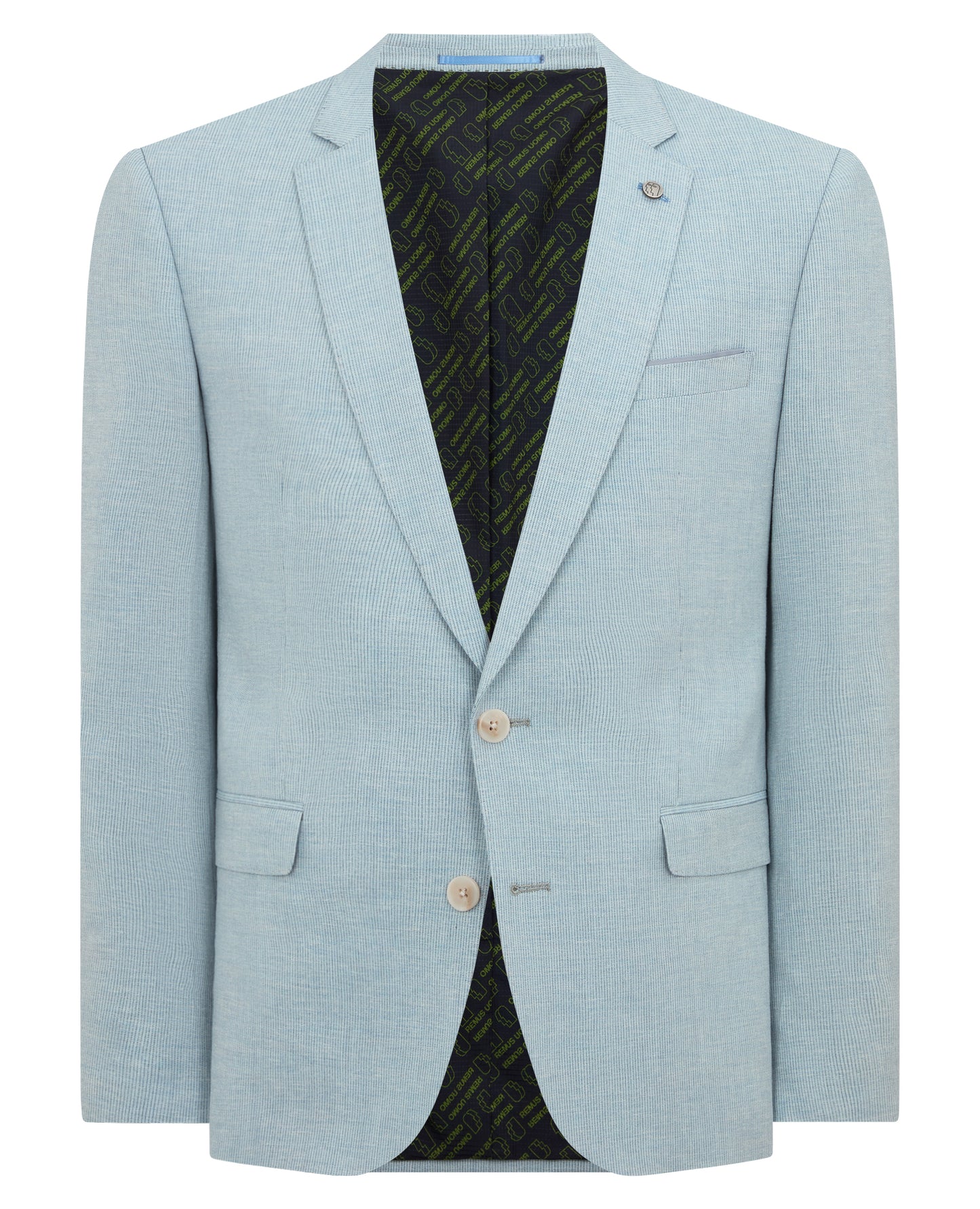 Man wearing a blue Slim Fit Linen-Blend Pinstripe Suit
