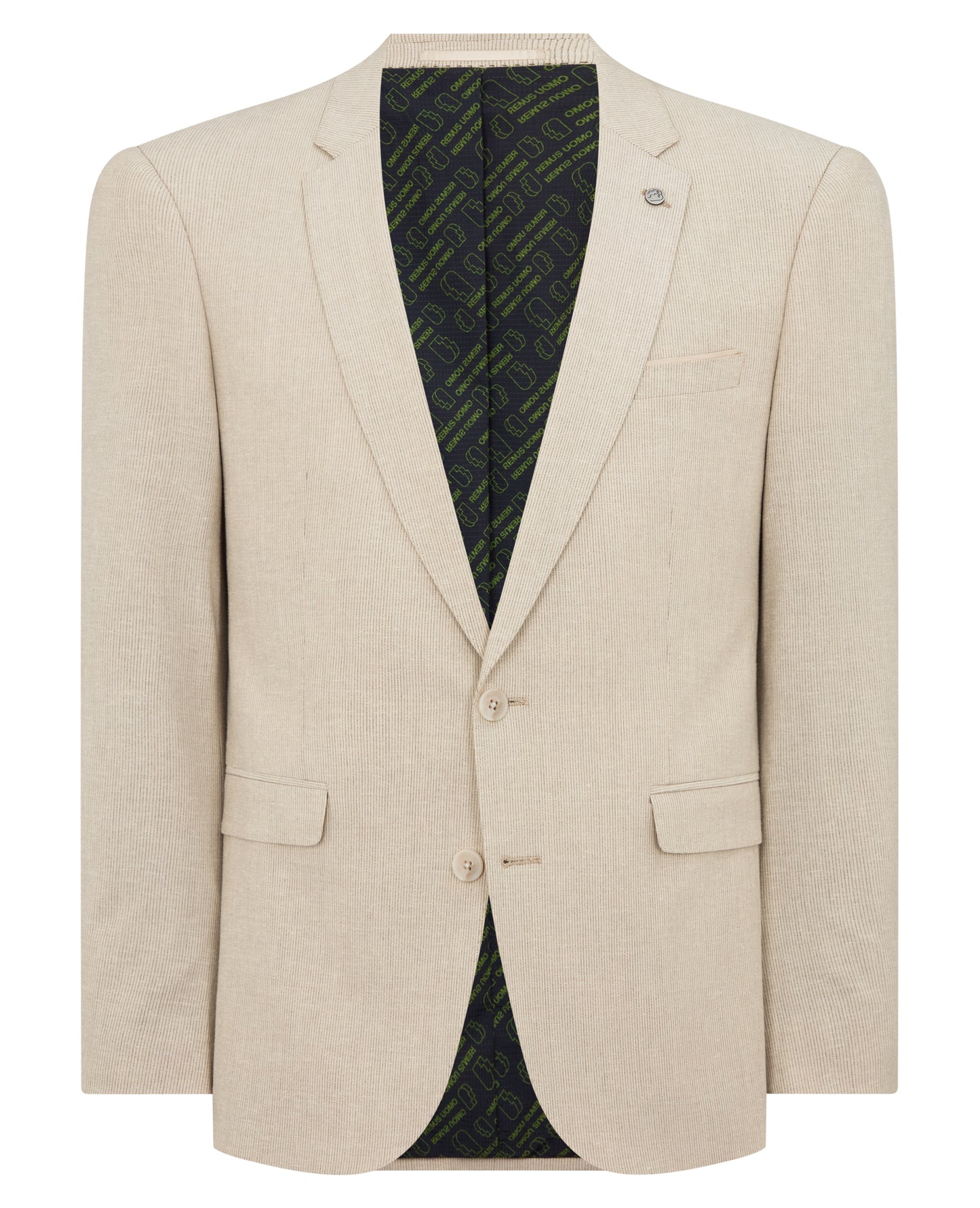 Man wearing a sand Slim Fit Linen-Blend Micro Pinstripe Suit Jacket