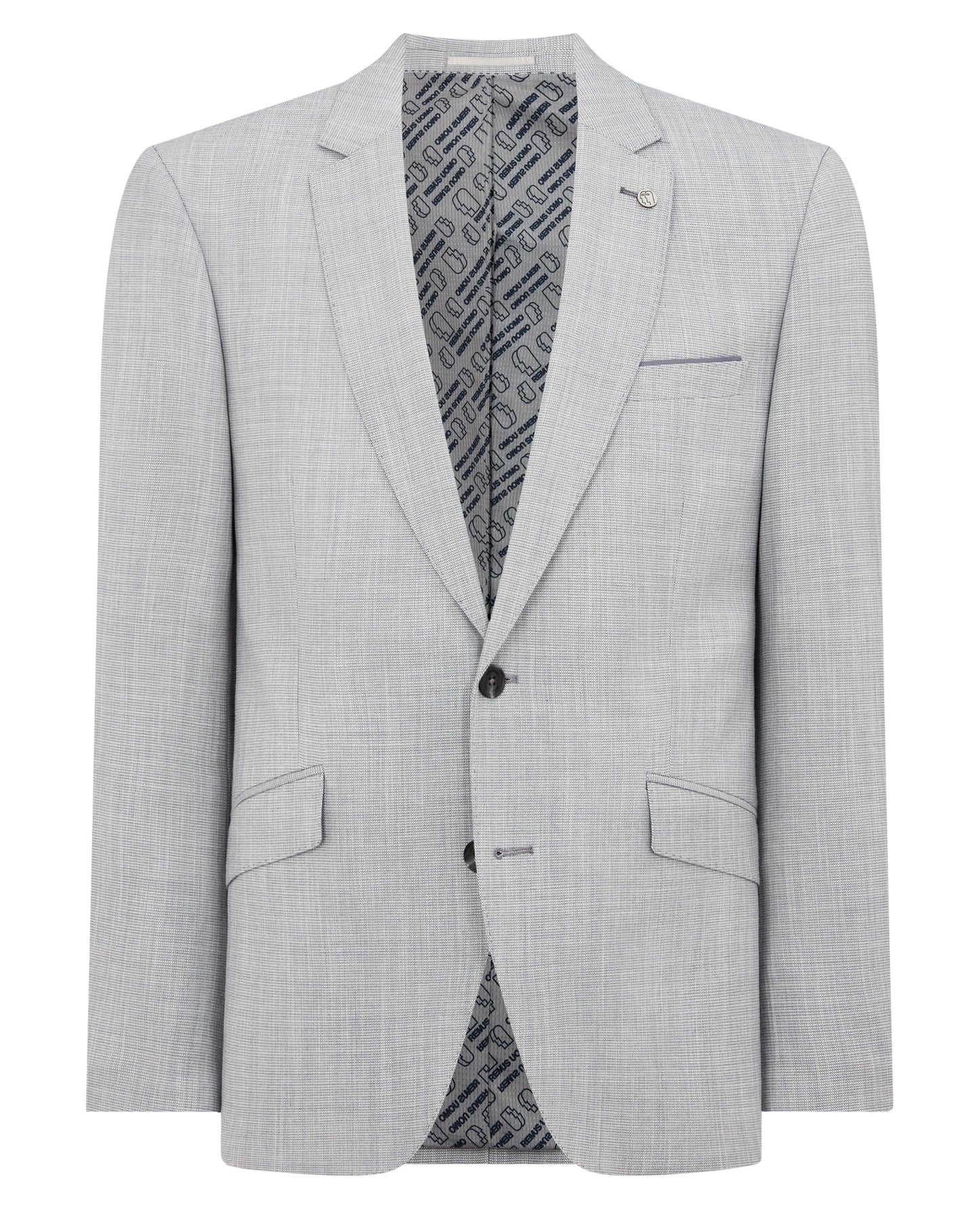 Man wearing a blue Tapered Fit Micro Houndstooth Suit Jacket