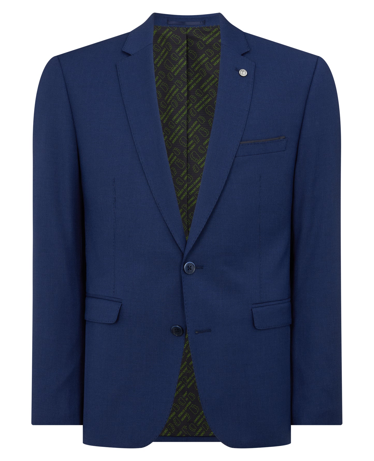 Man wearing a blue Slim Fit Micro Check Stretch Suit Jacket