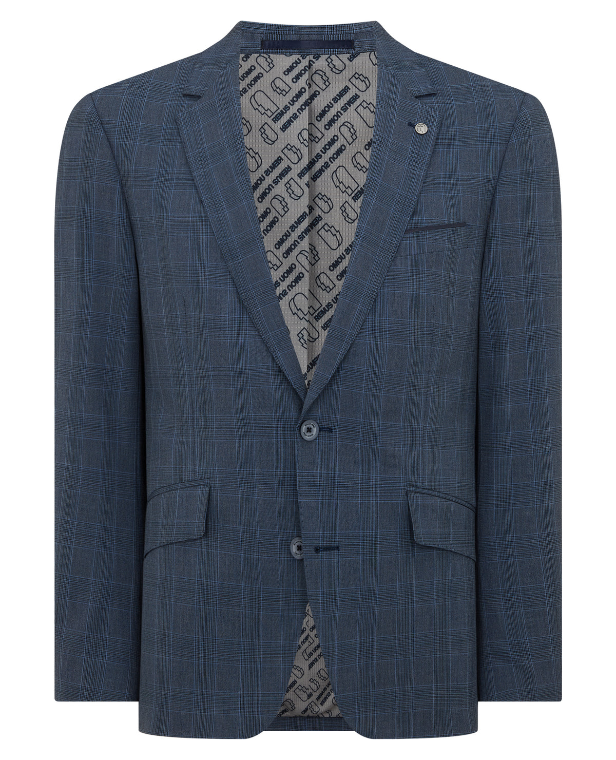 Man wearing a blue Tapered Fit Checked Stretch Suit Jacket
