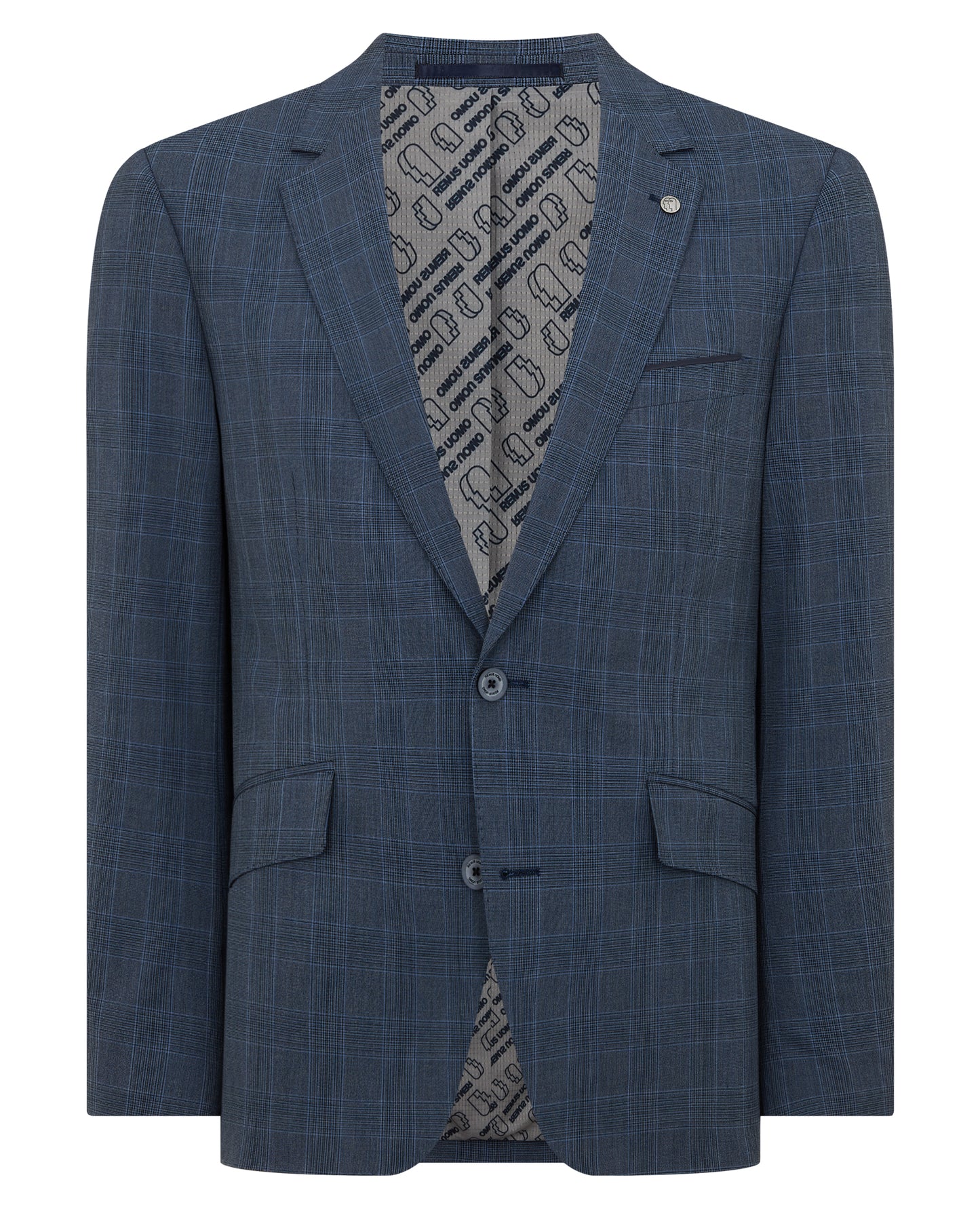 Man wearing a blue Tapered Fit Checked Stretch Suit Jacket