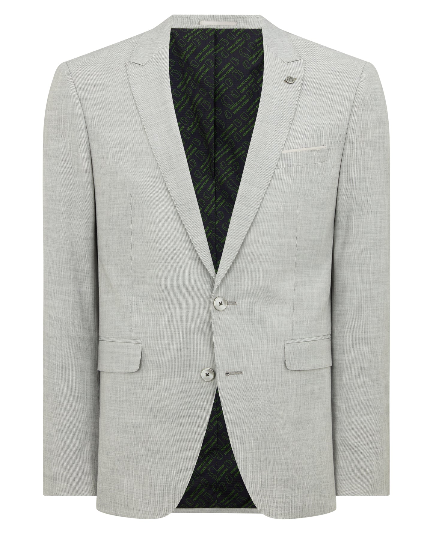 Man wearing a grey Slim Fit Stretch Micro Pinstripe Suit Jacket