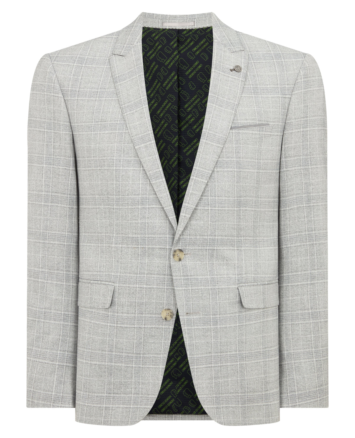 Man wearing a grey Slim Fit Checked Stretch Suit Jacket