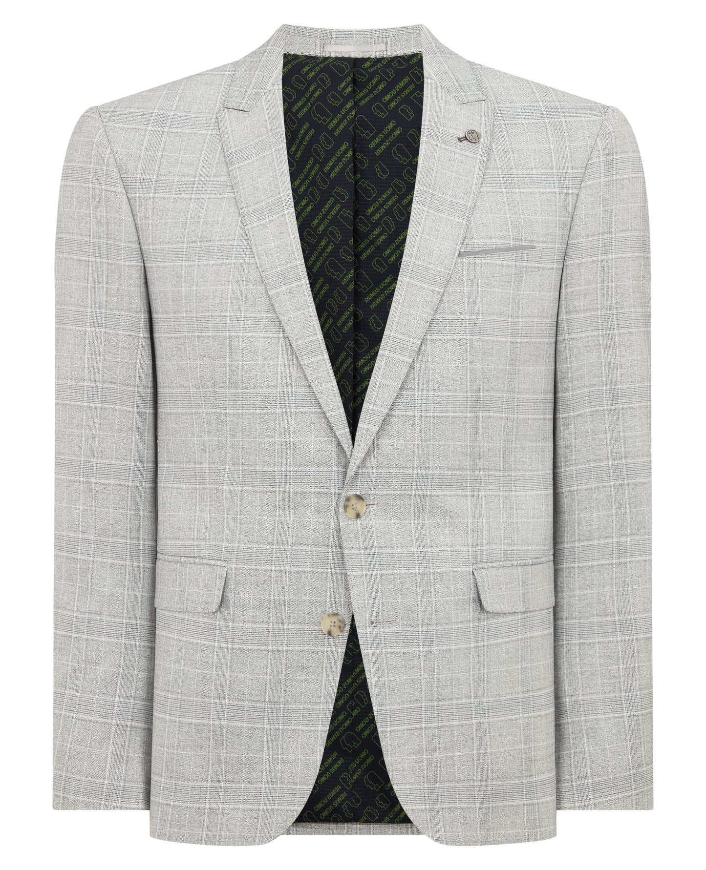 Man wearing a grey Slim Fit Checked Stretch Suit Jacket