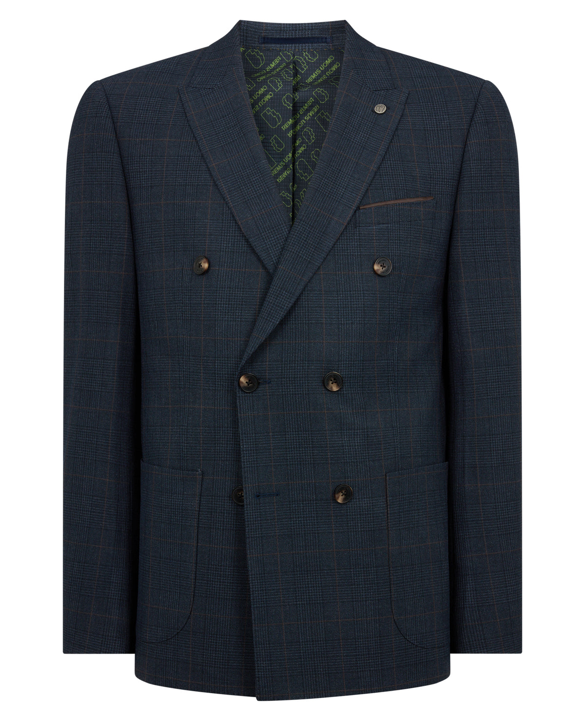 Man wearing a navy Slim Fit Double-Breasted Stretch Jacket